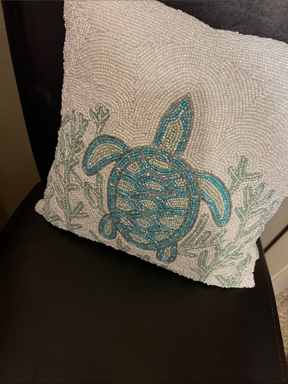 Beaded Sea Turtle Accent Pillow - White and Turquoise